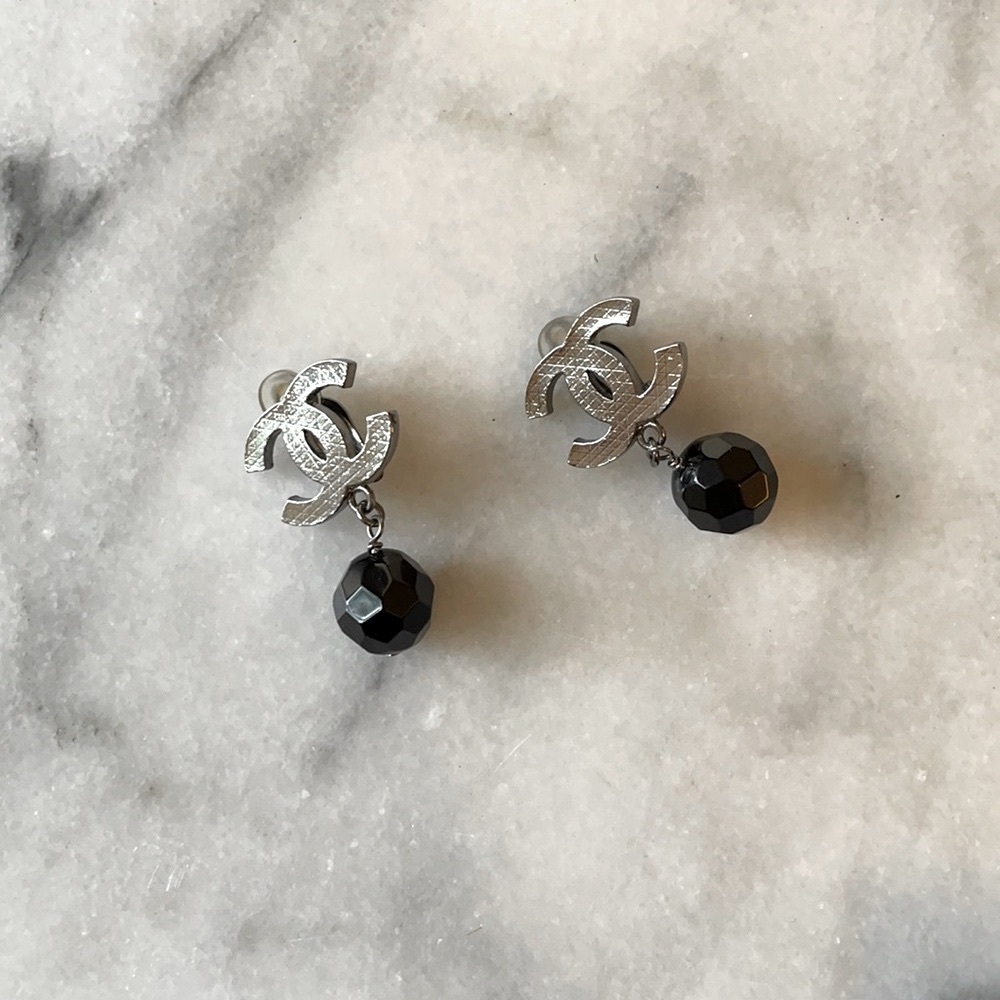 Real Chanel Earrings with double C logo & black bead